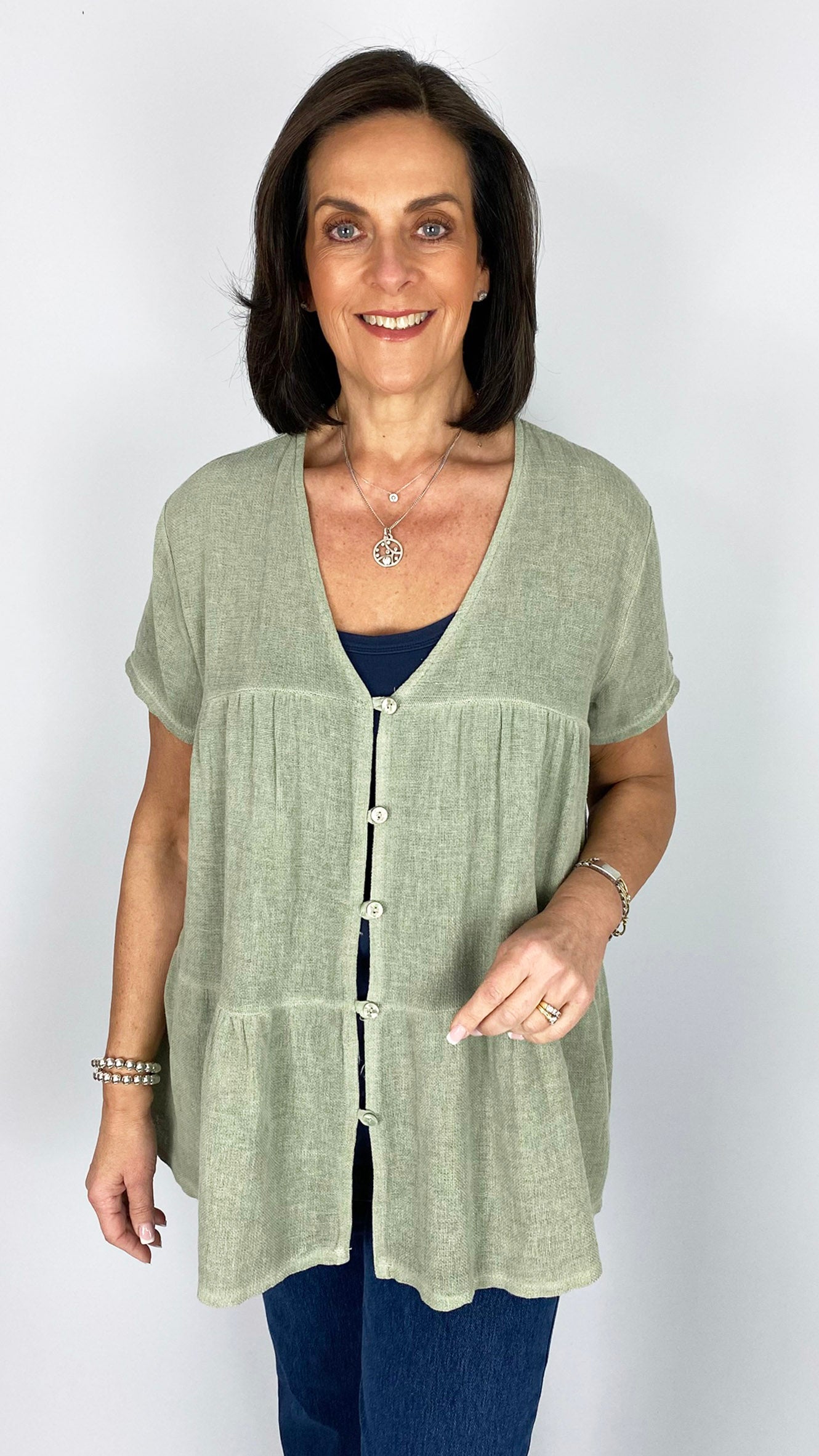 Cotton & linen mix tiered button through top | 6 Colours | last 1s