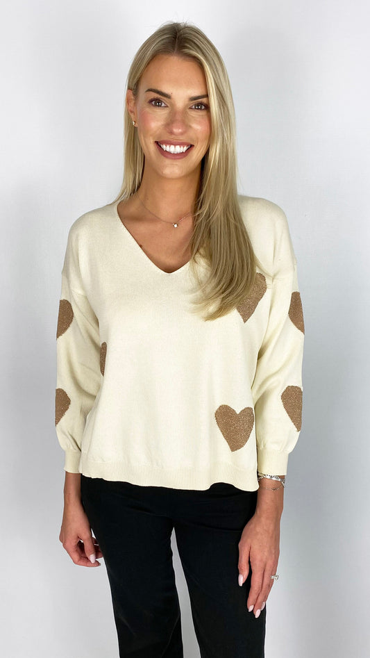 Gold multi heart v-neck jumper | 2 Colours