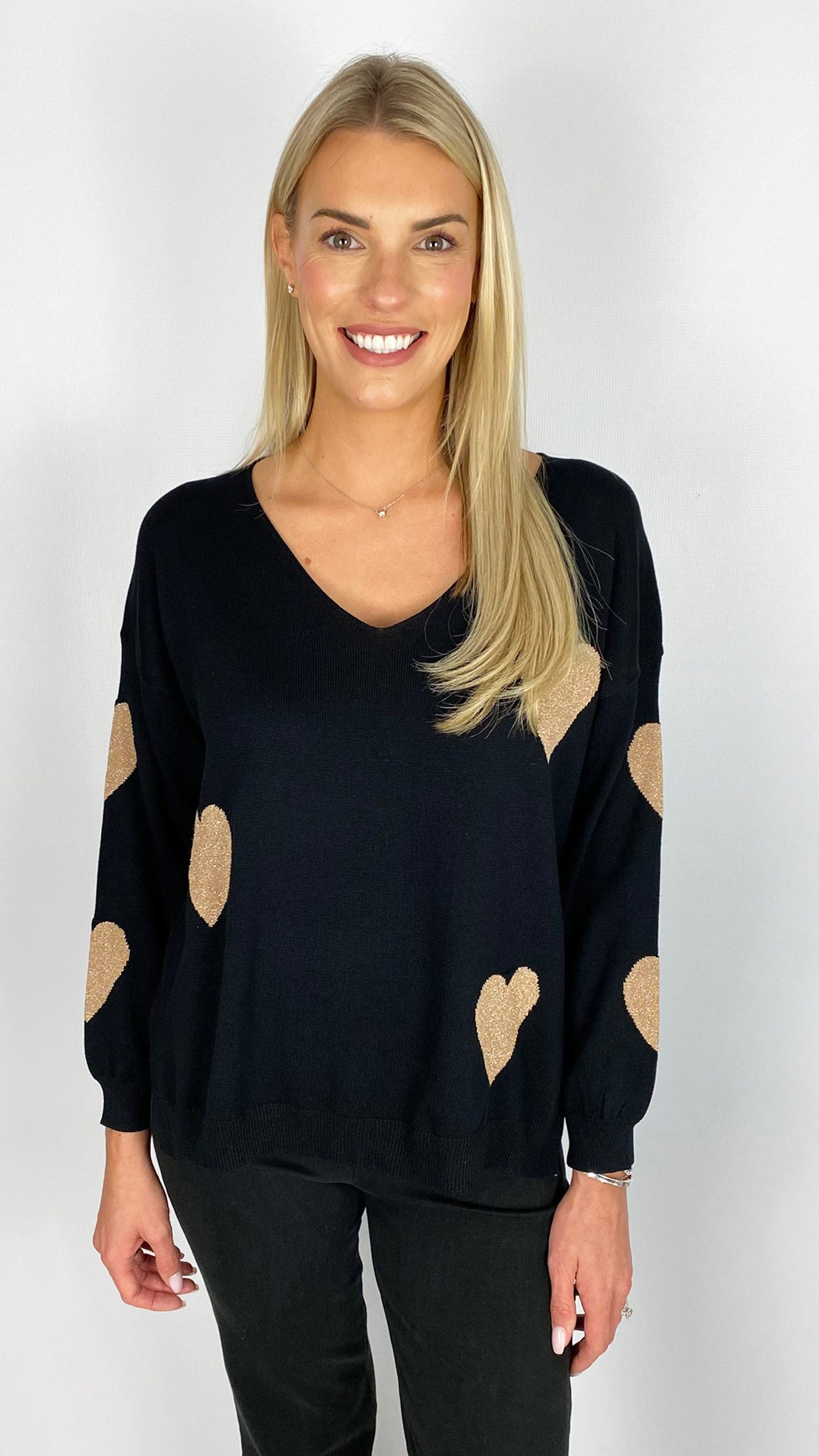 Gold multi heart v-neck jumper | 2 Colours