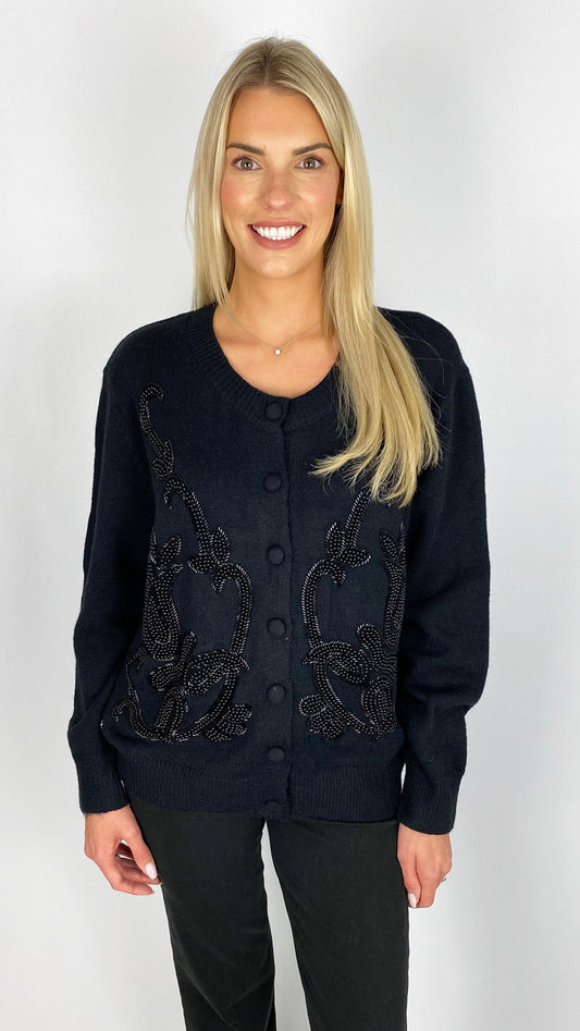Pearl & beaded round neck cardigan | Black | by Malissa J