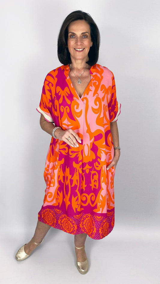 Contrast print V-neck pocket dress | 4 Colours