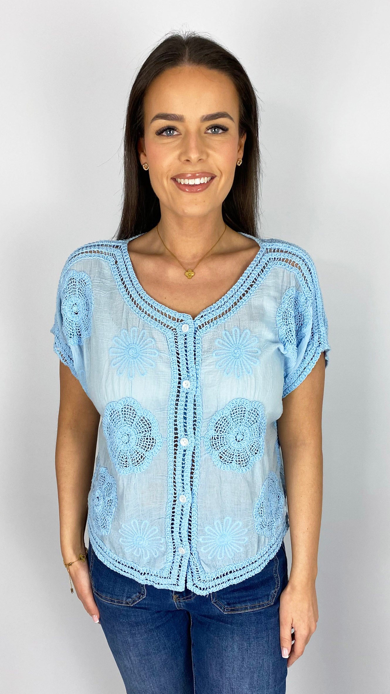 Embroidered button-through crochet top | 3 Colours