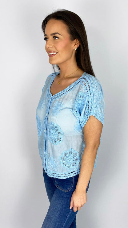Embroidered button-through crochet top | 3 Colours