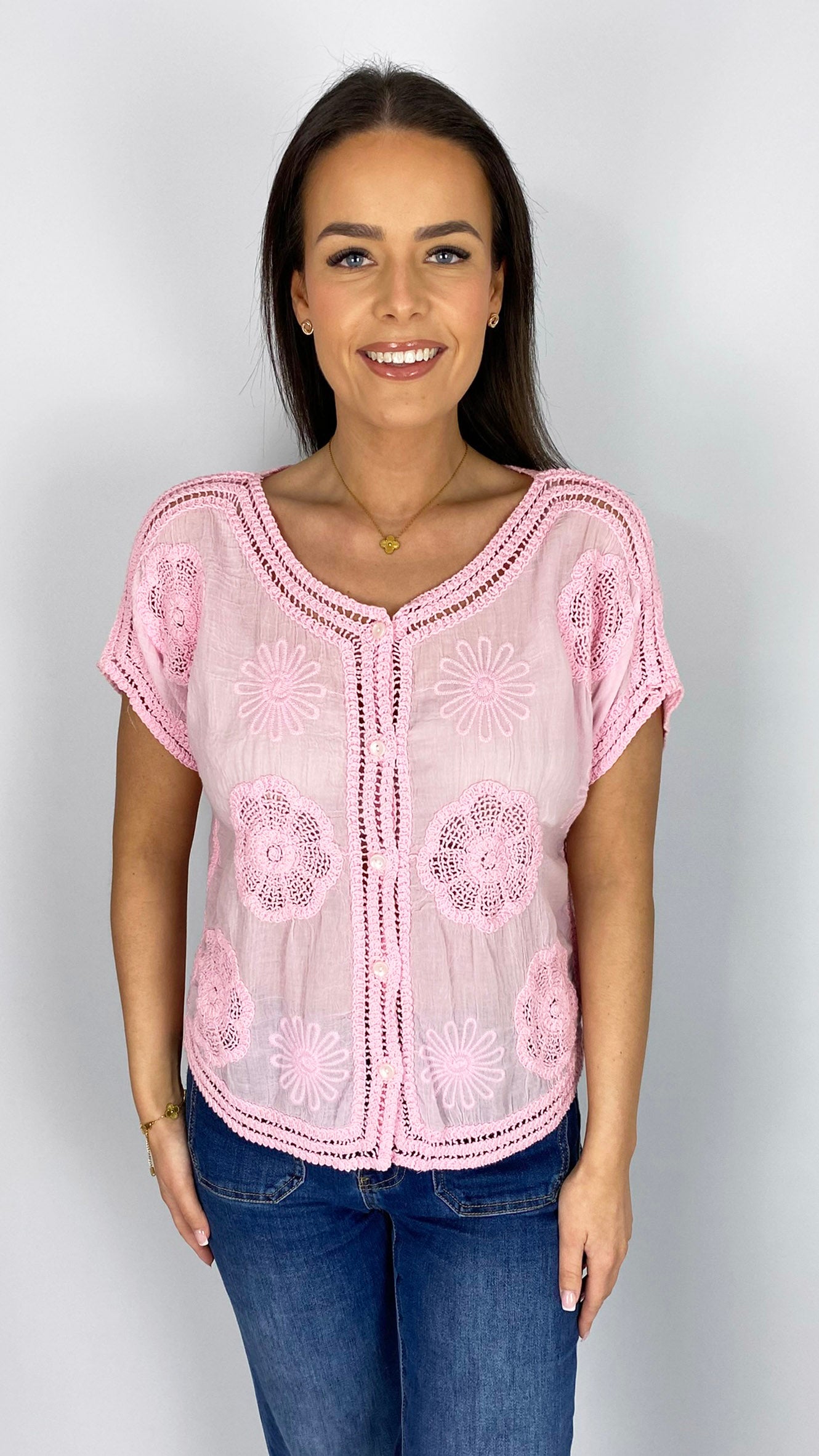 Embroidered button-through crochet top | 3 Colours