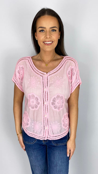 Embroidered button-through crochet top | 3 Colours