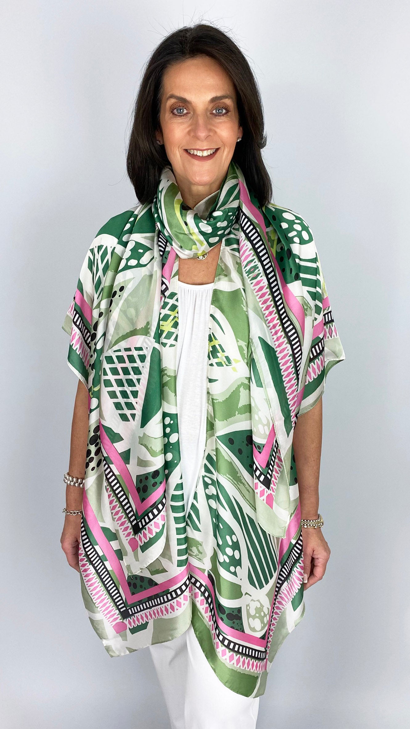 Satin print kimono jacket & scarf set | Green/Pink | by Malissa J | last 1
