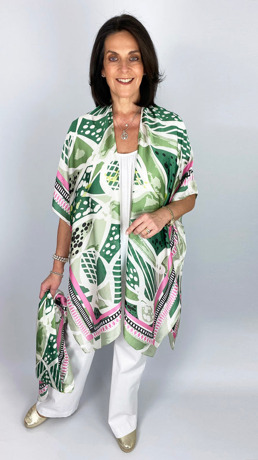 Satin print kimono jacket & scarf set | Green/Pink | by Malissa J
