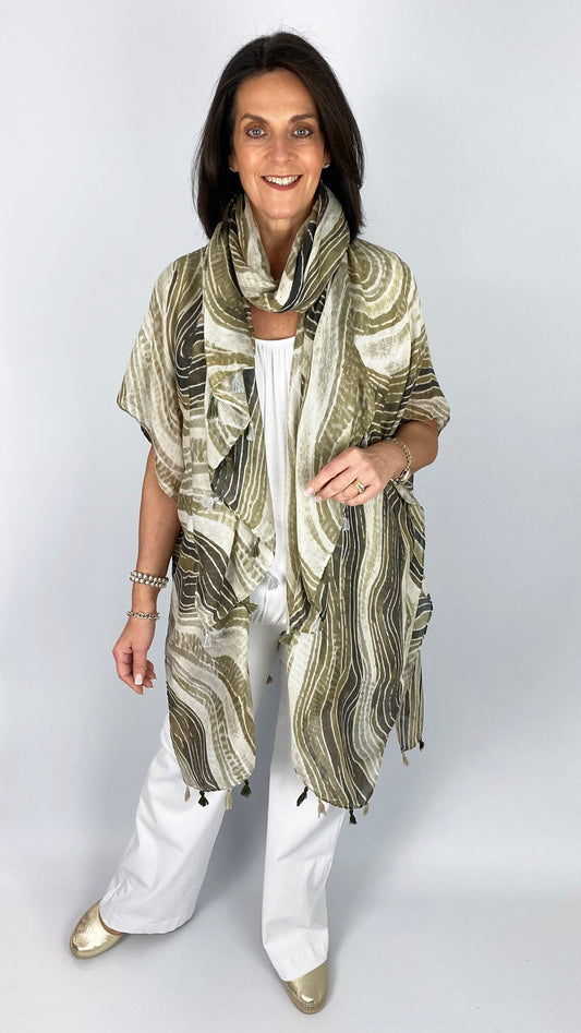 Tassel trimmed kimono jacket & scarf set | Khaki/Beige | by Malissa J