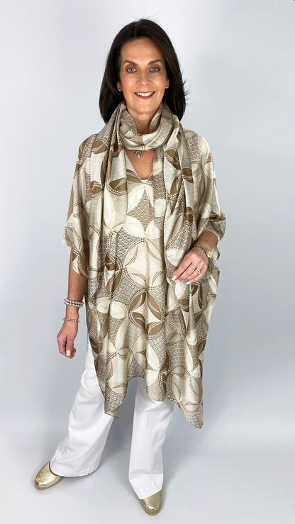 Satin designer-inspired kaftan & scarf set | Stone/Beige | by Malissa J