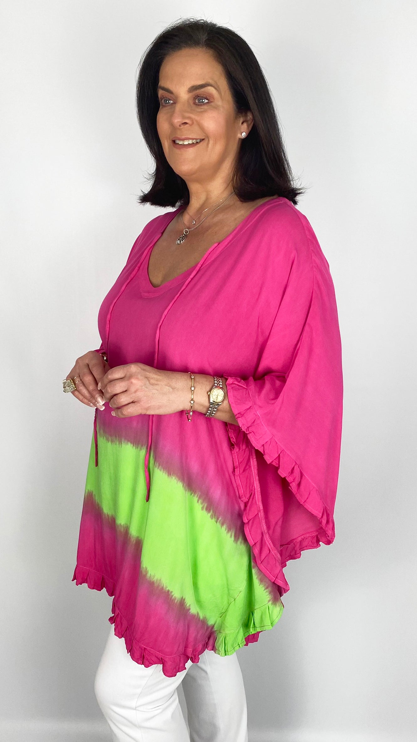 Frill trimmed kaftan natural tie dye top (3 Colours)
