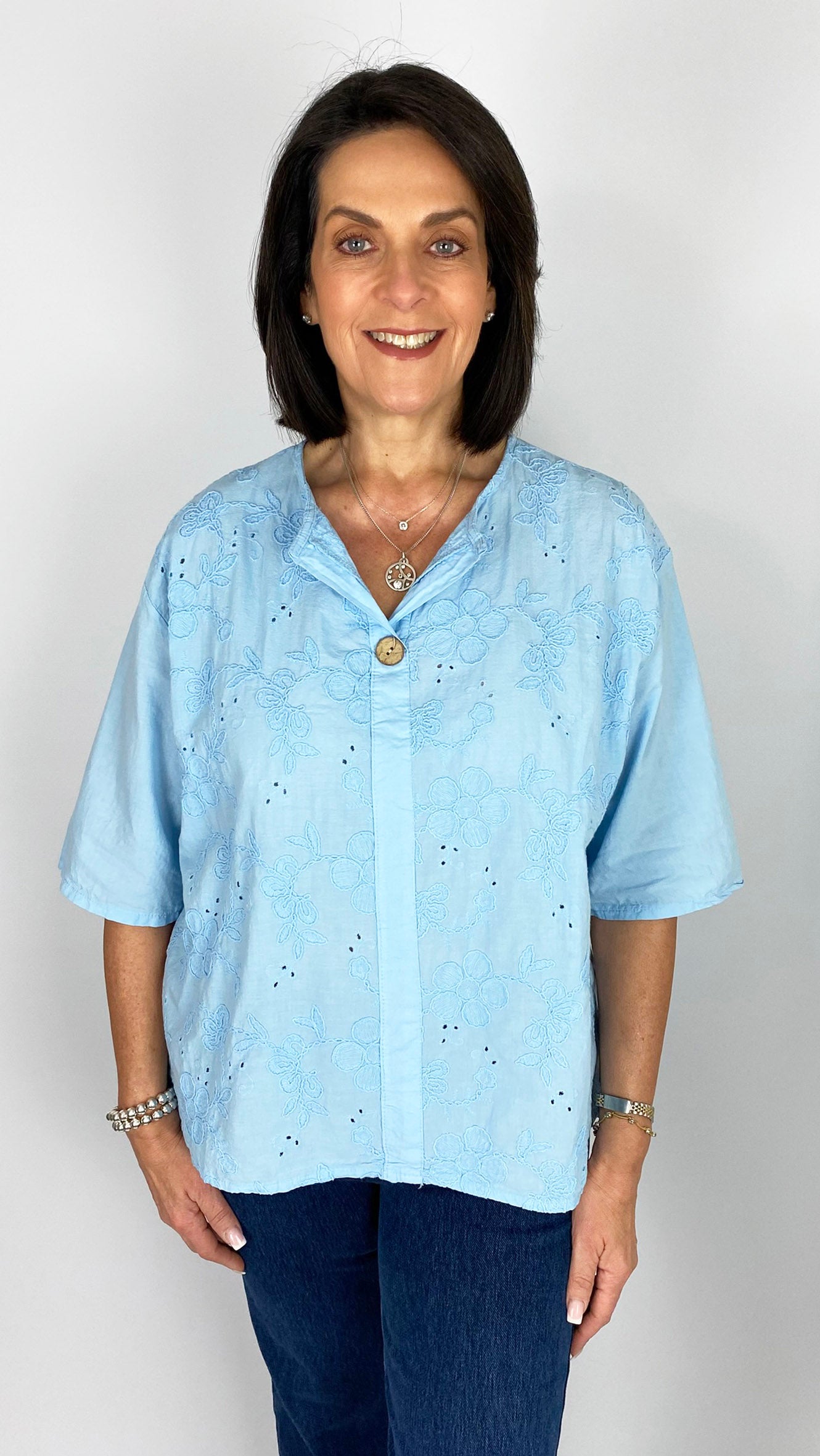 Embroidered flower feature button cotton top | 7 Colours