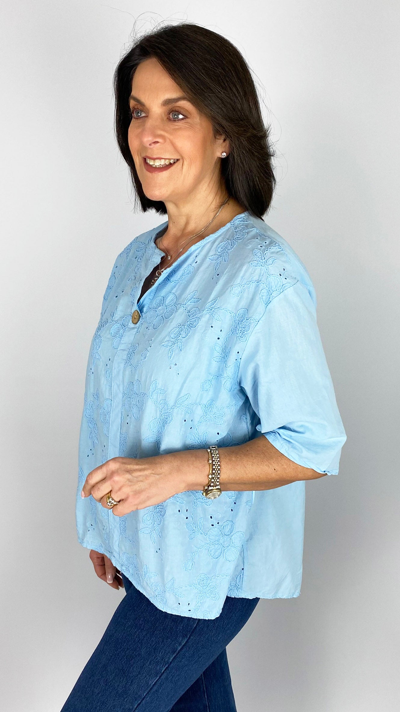 Embroidered flower feature button cotton top | 7 Colours