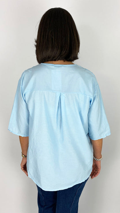 Embroidered flower feature button cotton top | 7 Colours