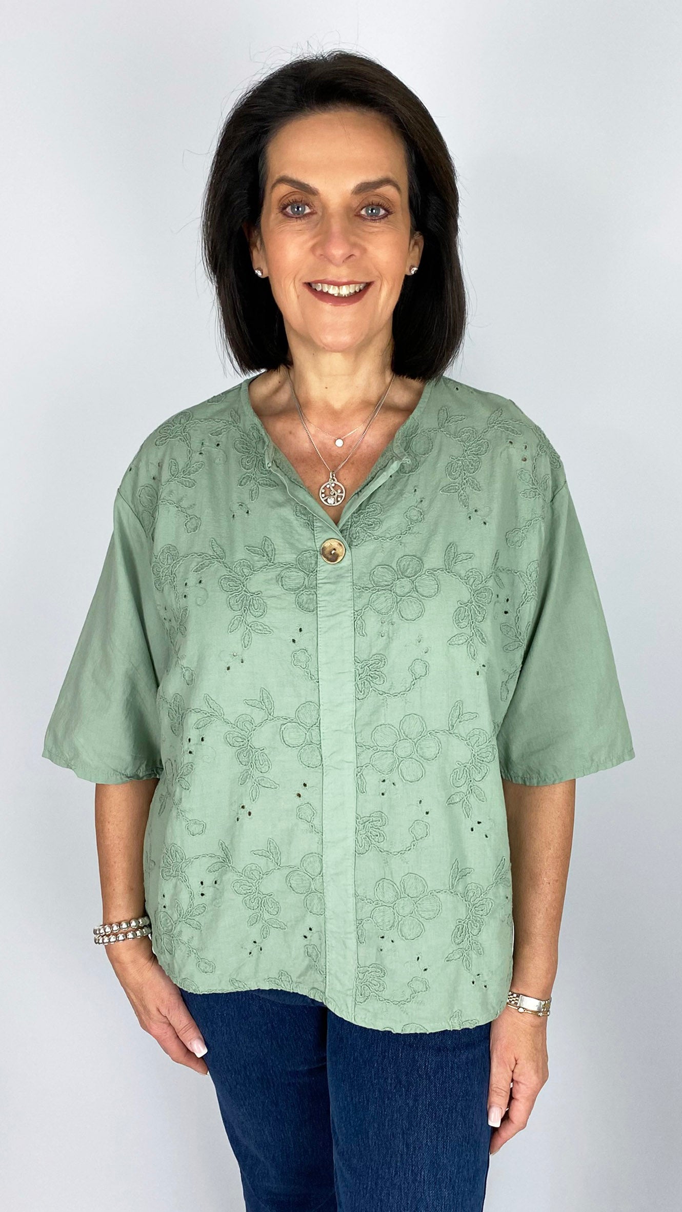 Embroidered flower feature button cotton top | 7 Colours