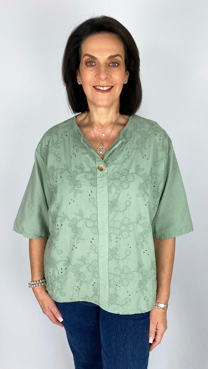 Embroidered flower feature button cotton top | 7 Colours