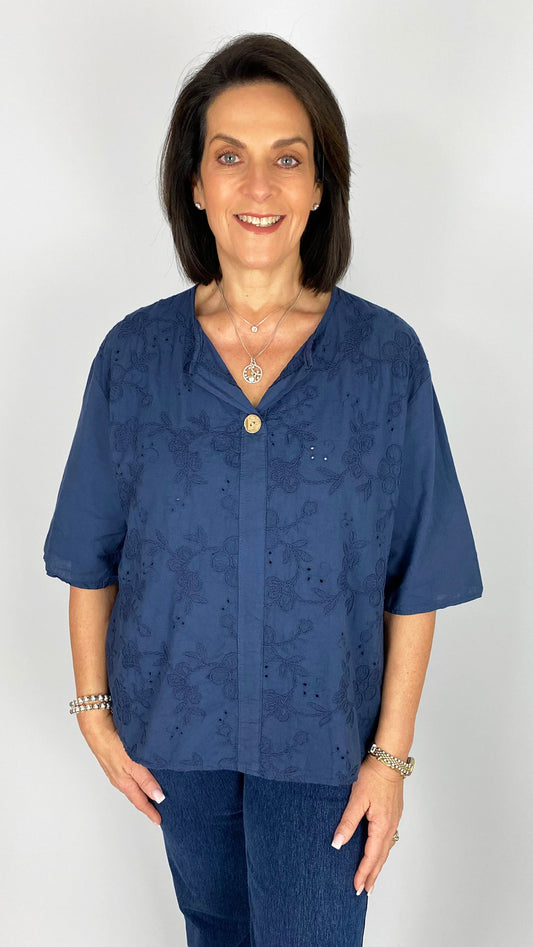Embroidered flower feature button cotton top | 7 Colours