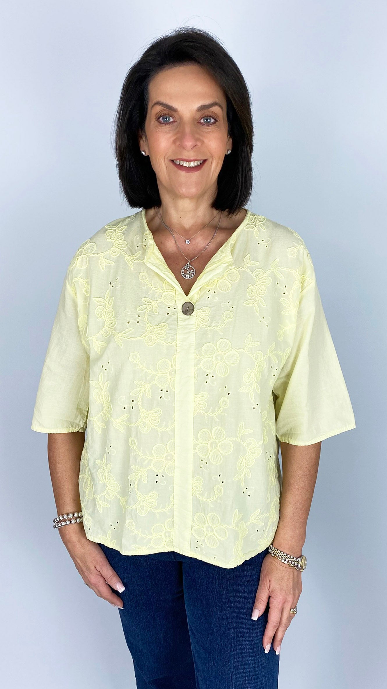 Embroidered flower feature button cotton top | 7 Colours
