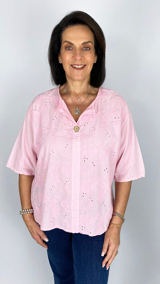 Embroidered flower feature button cotton top | 7 Colours
