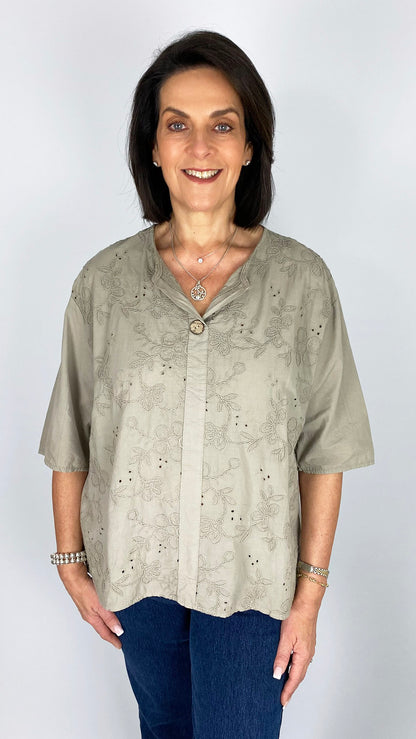 Embroidered flower feature button cotton top | 7 Colours