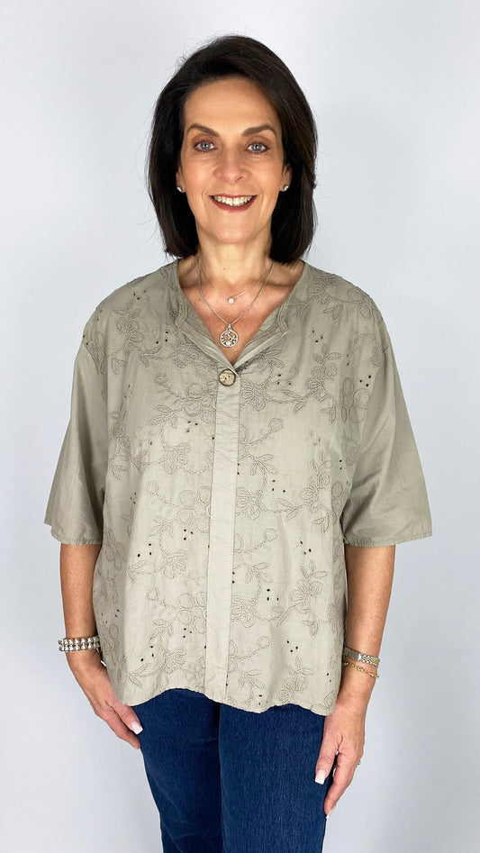 Embroidered flower feature button cotton top | 7 Colours