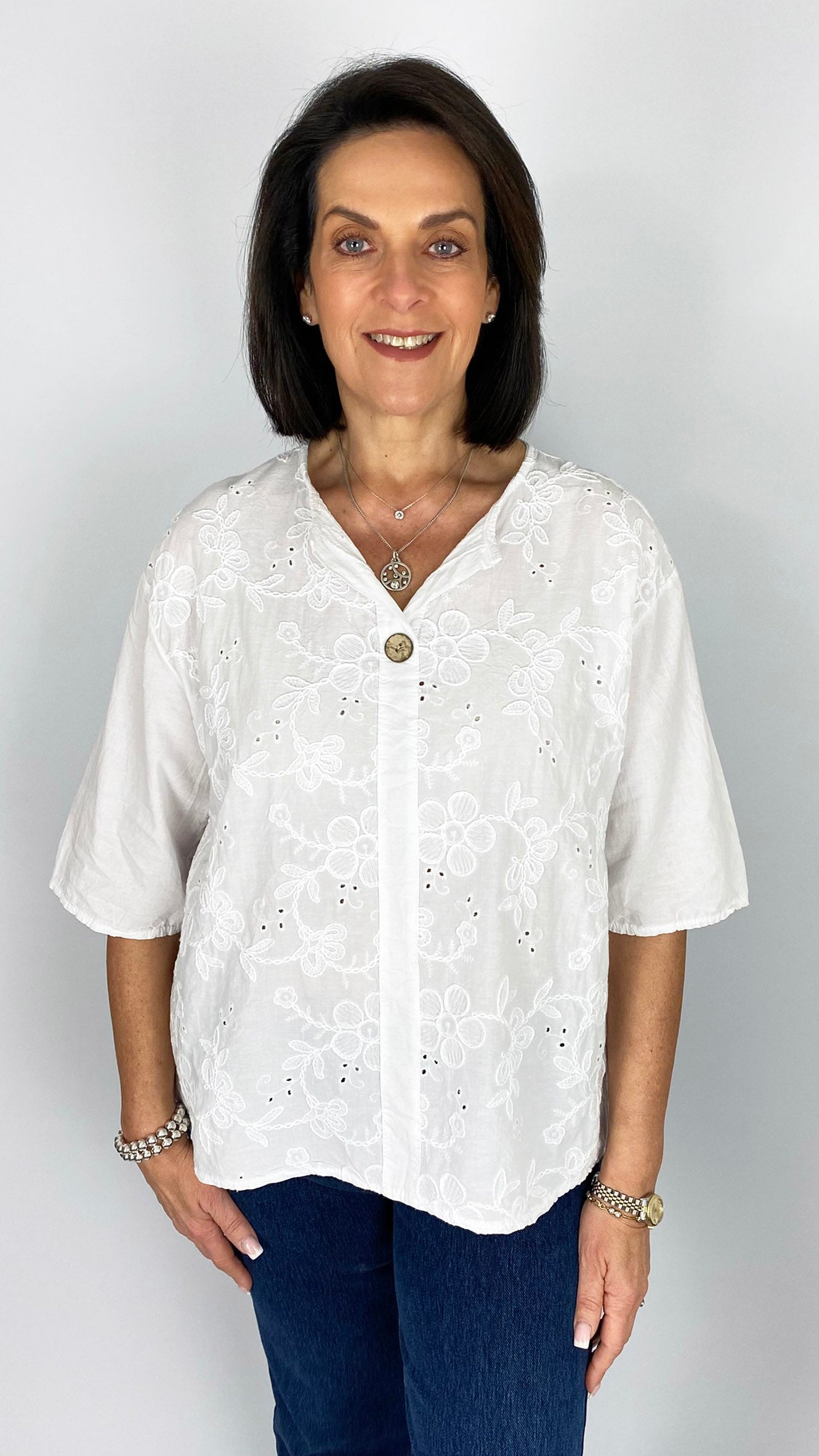 Embroidered flower feature button cotton top | 7 Colours