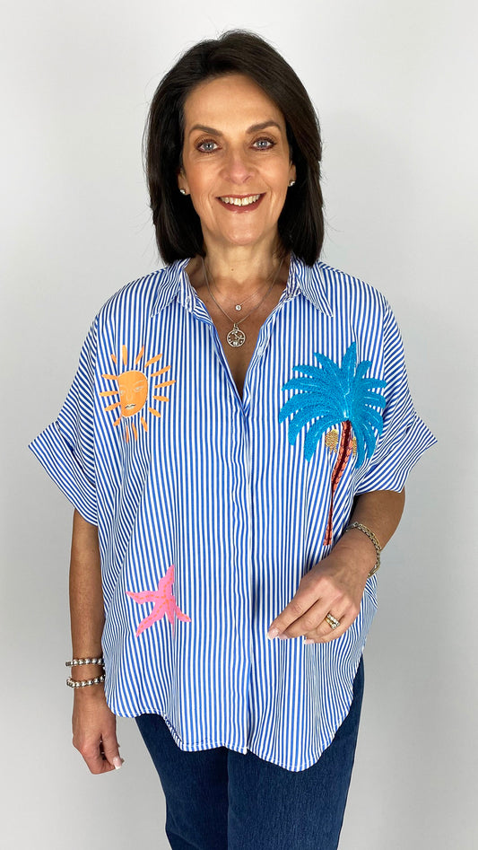 Print & embroidered tropical pinstripe shirt | Blue/White | back in, limited!
