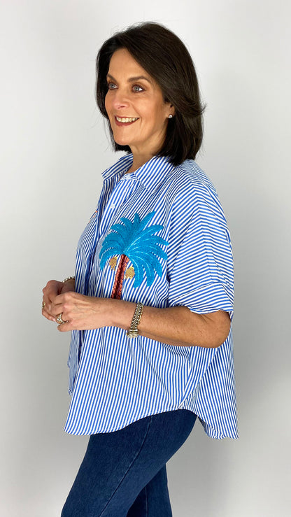 Print & embroidered tropical pinstripe shirt | Blue/White | back in, limited!