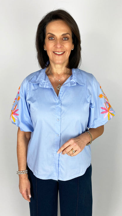 Colourful embroidered puff sleeve shirt | 3 Colours