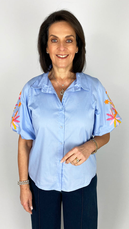 Colourful embroidered puff sleeve shirt | 3 Colours
