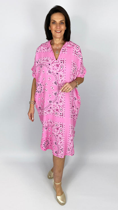 Bandana print cotton v-neck pocket dress | 4 Colours | last 1