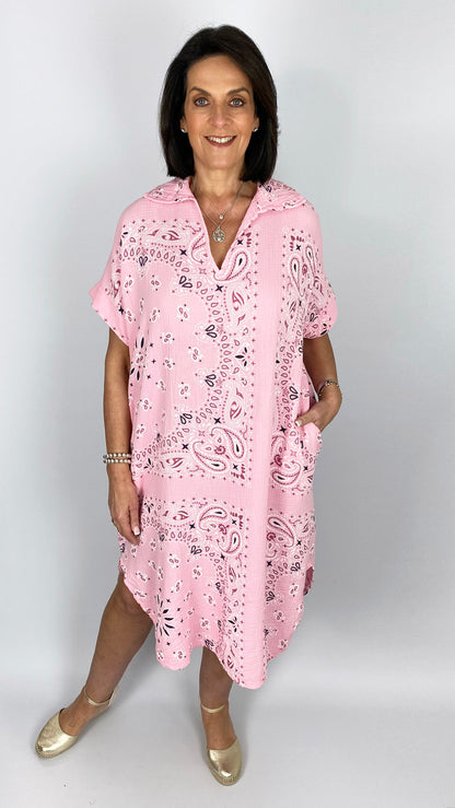 Bandana print cotton v-neck pocket dress | 4 Colours | last 1