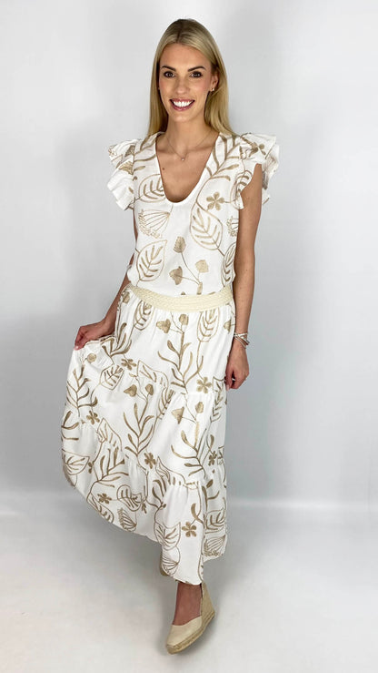 Gold Embroidered Tiered Skirt | White | by Malissa J