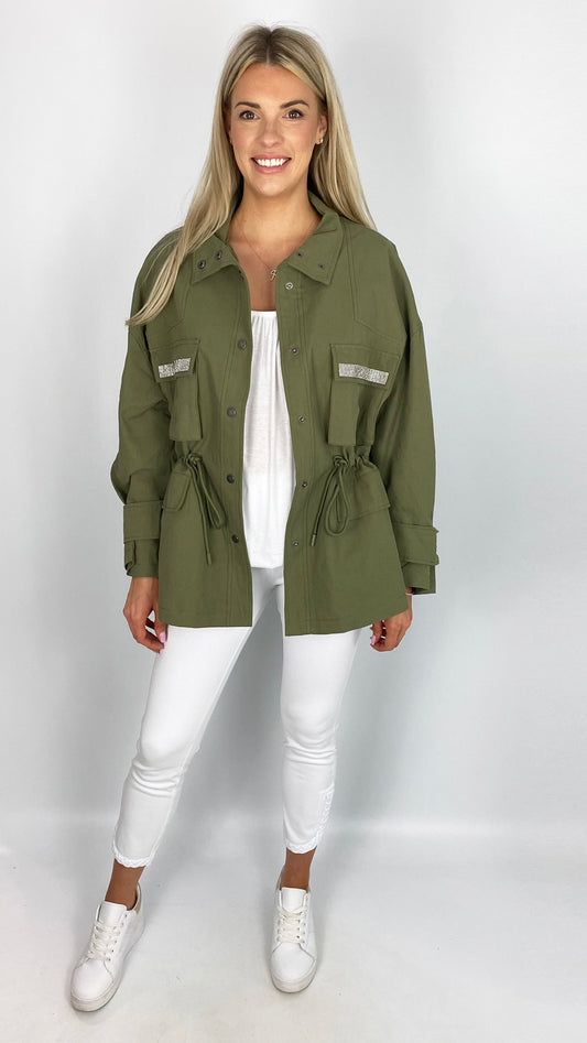 Cotton utility-style jacket w/ rhinestone trimmed pockets (Khaki) - limited!