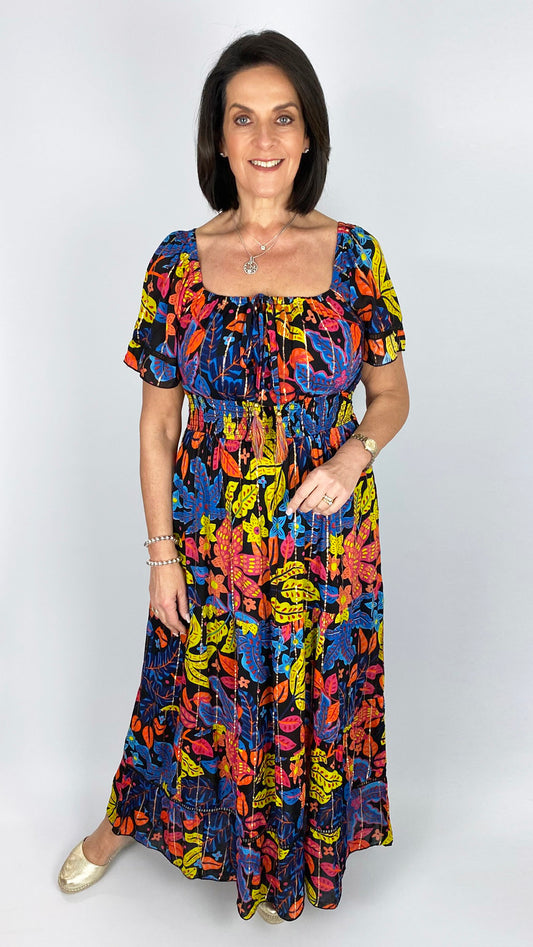 Metallic detail floral tiered maxi dress