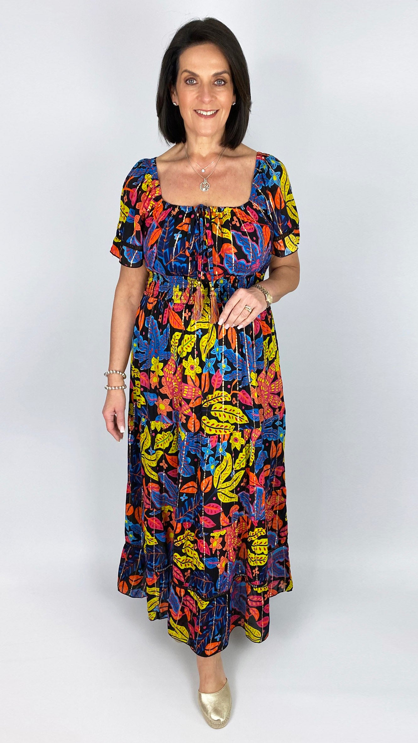 Metallic detail floral tiered maxi dress