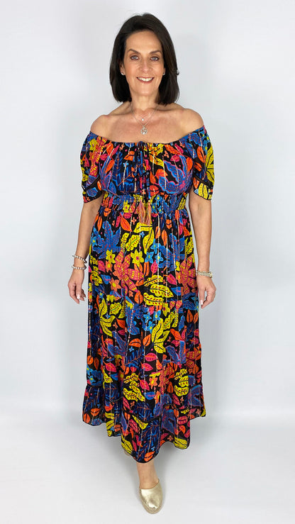 Metallic detail floral tiered maxi dress