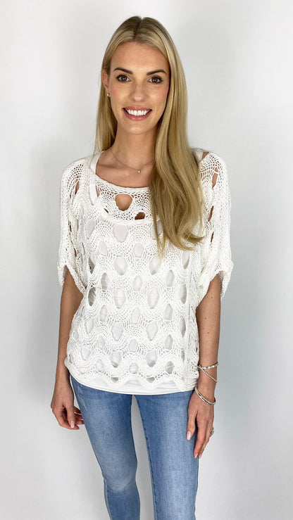 Crochet knit slash-neck top | 4 Colours