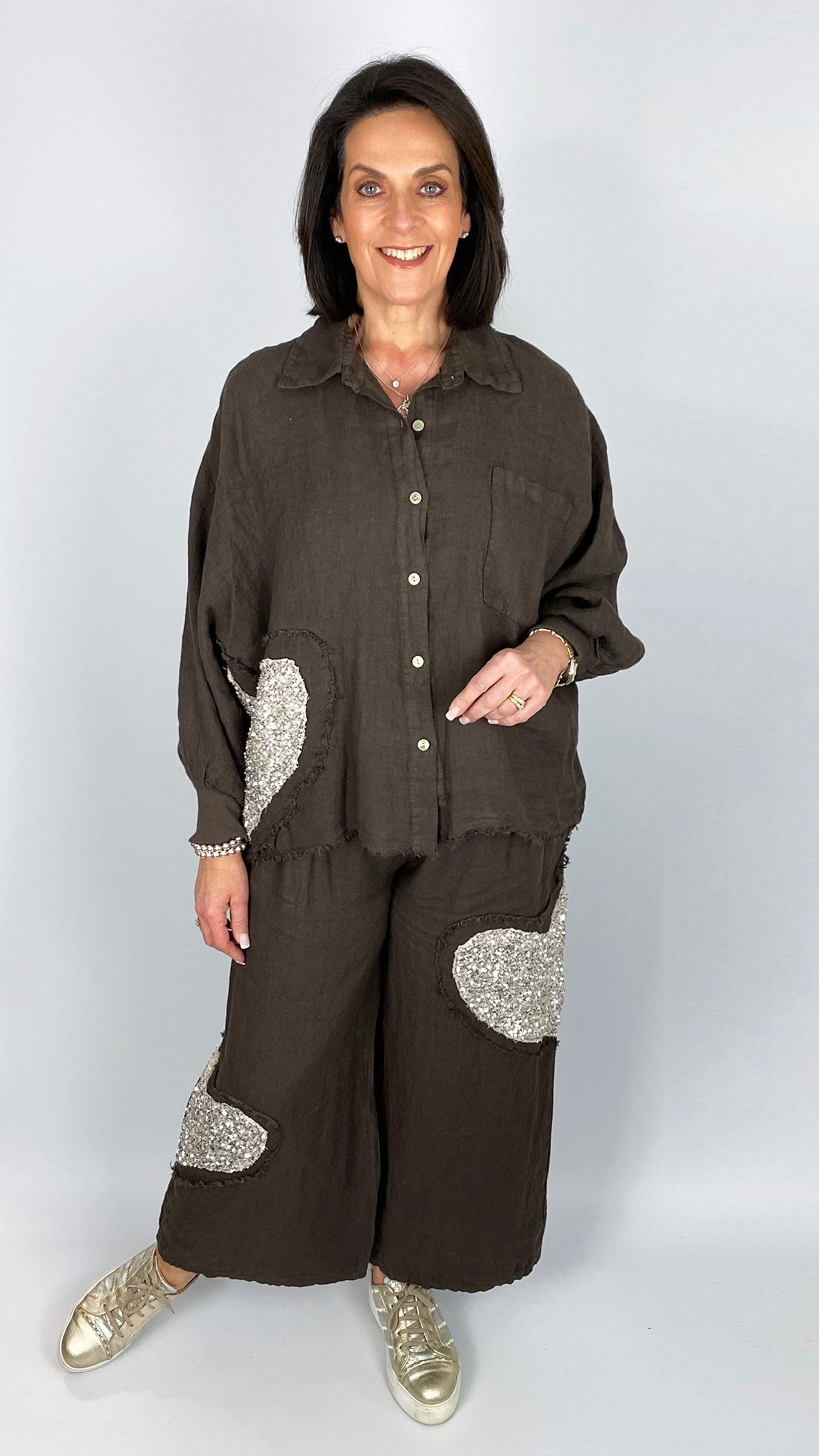 Sequin heart linen shirt & wide-leg trouser set | 3 Colours | last 1