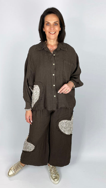 Sequin heart linen shirt & wide-leg trouser set | 3 Colours | last 1