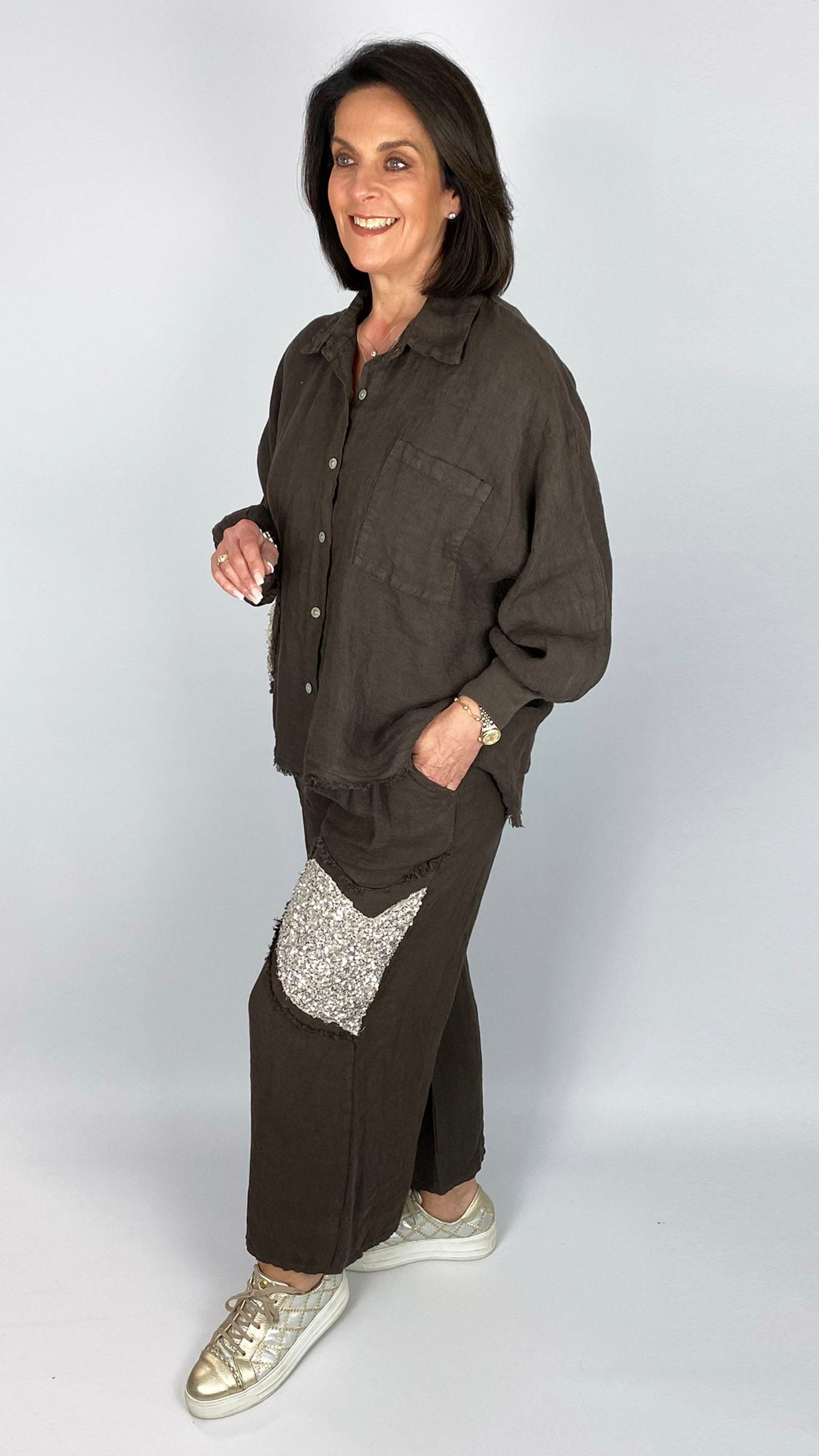 Sequin heart linen shirt & wide-leg trouser set | 3 Colours | last 1