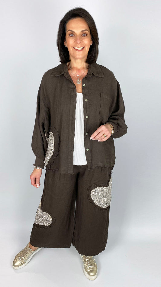 Sequin heart linen shirt & wide-leg trouser set | 3 Colours | Limited!