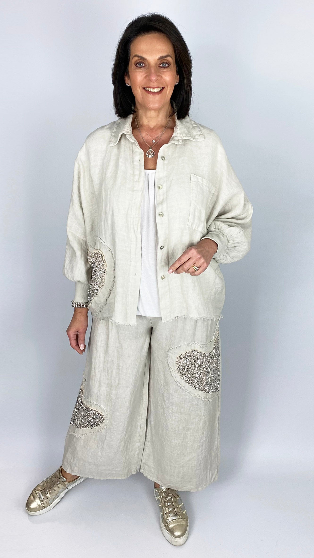 Sequin heart linen shirt & wide-leg trouser set | 3 Colours | last 1