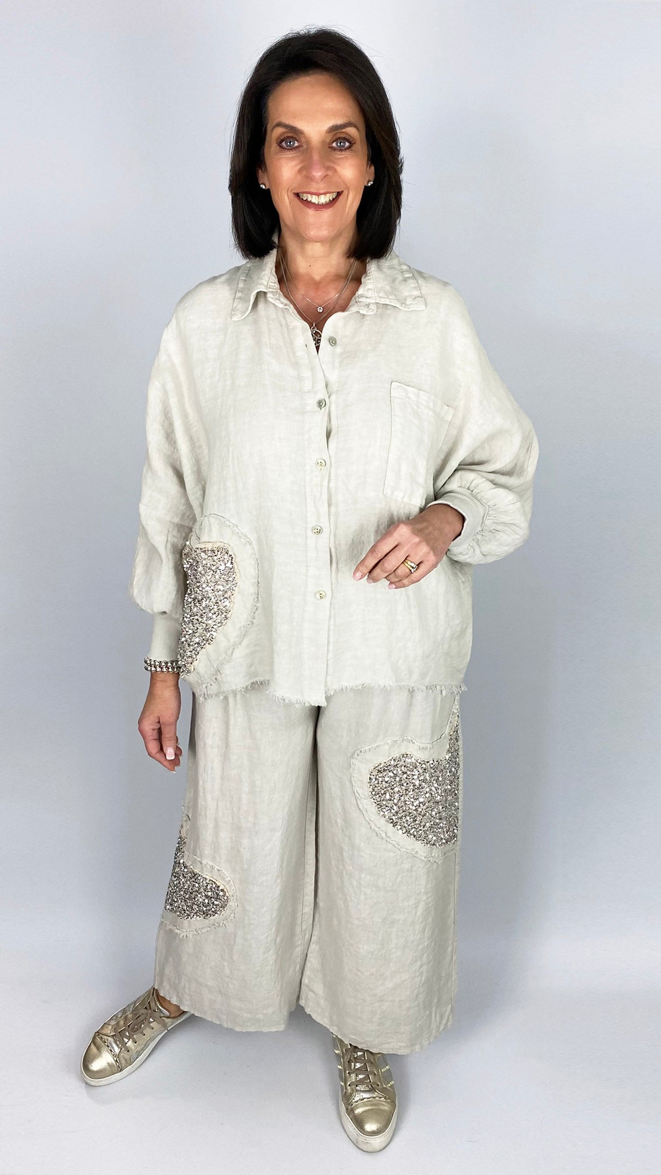 Sequin heart linen shirt & wide-leg trouser set | 3 Colours | last 1