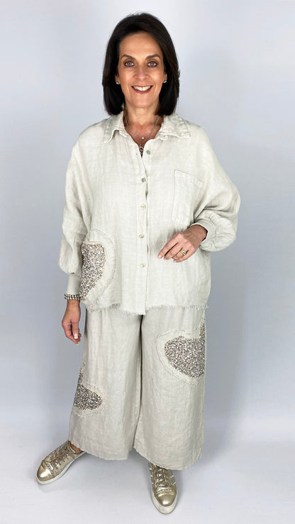 Sequin heart linen shirt & wide-leg trouser set | 3 Colours | last 1
