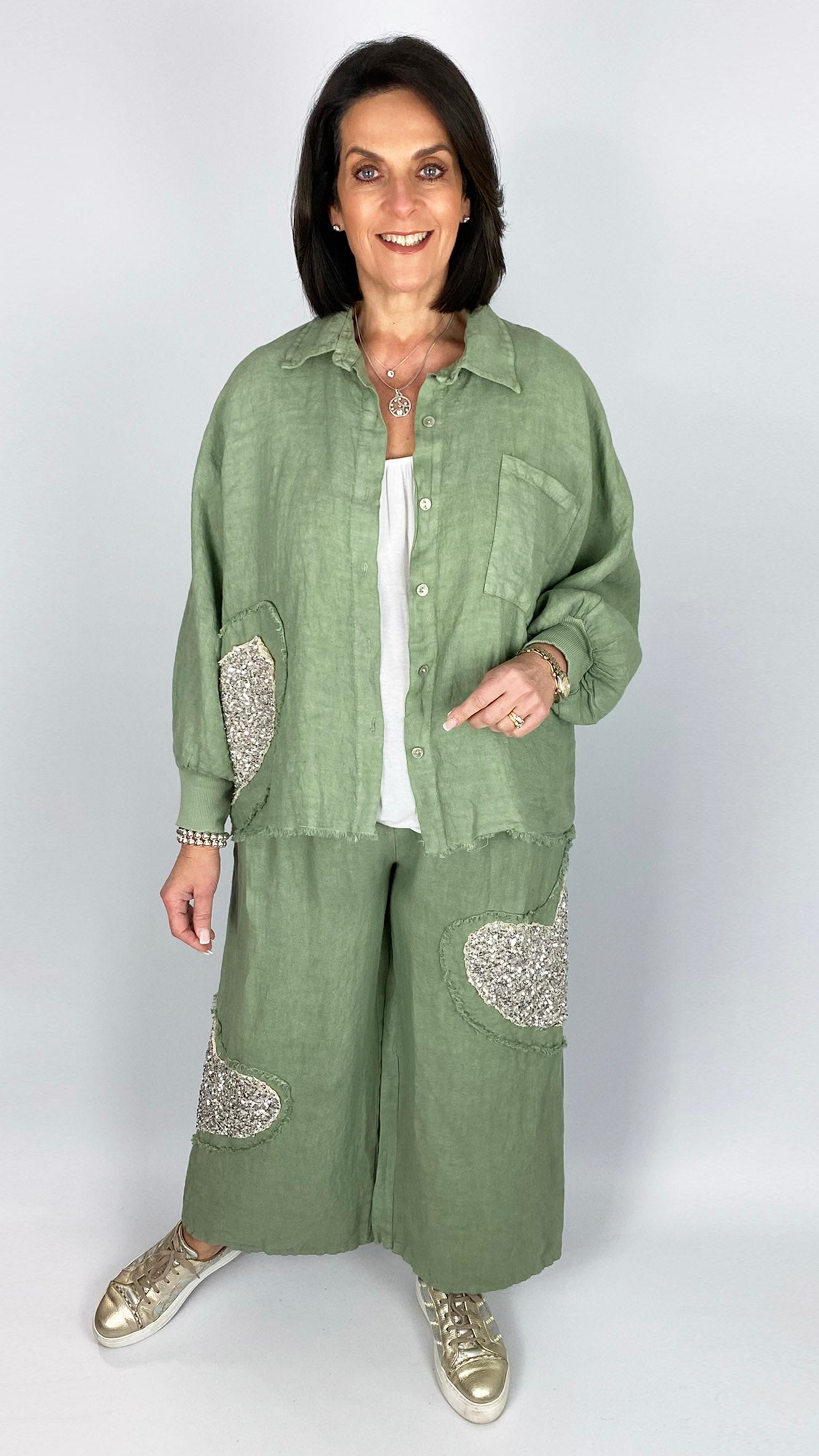 Sequin heart linen shirt & wide-leg trouser set | 3 Colours | last 1
