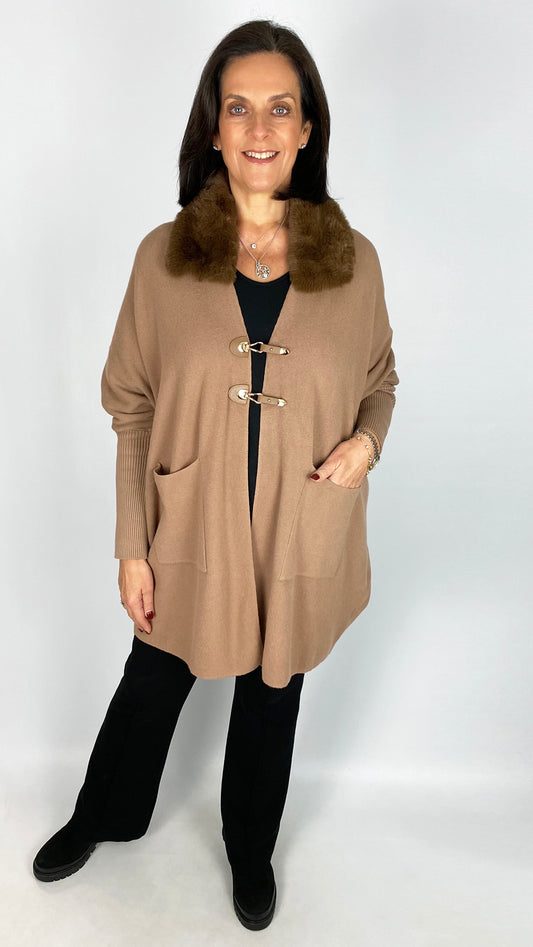 Buckle detail faux fur collar cardigan | 3 Colours