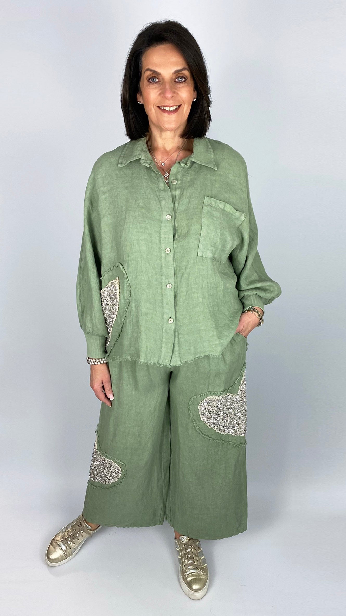 Sequin heart linen shirt & wide-leg trouser set | 3 Colours | last 1