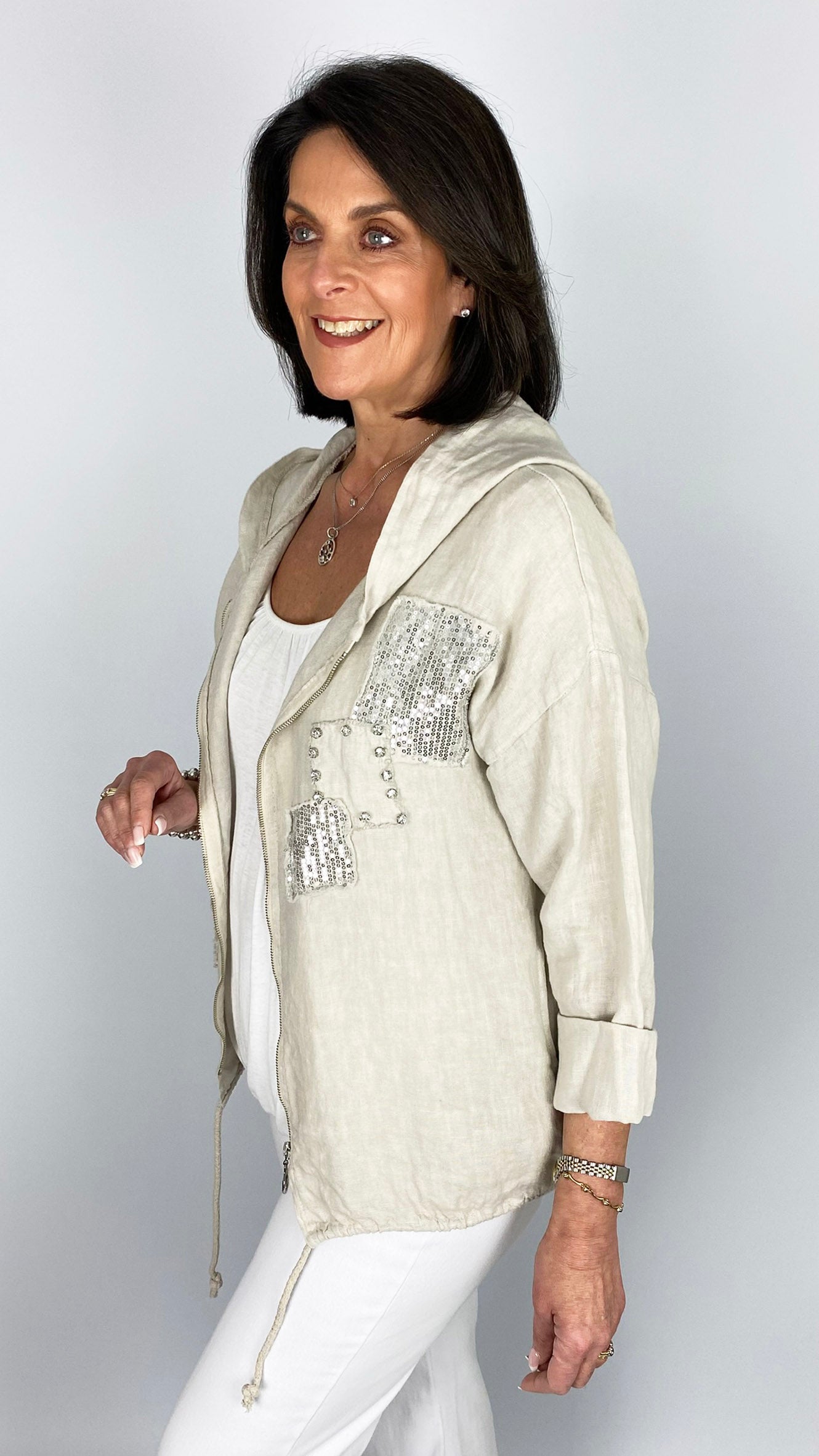 Linen embellished zip-through hooded jacket | 2 Colours | Limited!