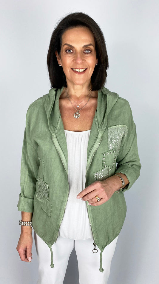 Linen embellished zip-through hooded jacket | 2 Colours | Limited!