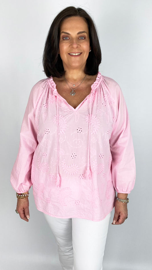Embroidered tie-or-not cotton blouse (3 Colours)